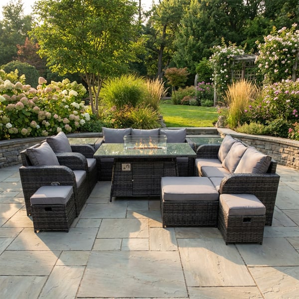 Fimous 11 Seater Rattan Garden Furniture Set with Gas Fire Pit Dining Table, 2 Side Tables, 2 Reclining Chairs, 2 Sofas & 3 Footstools - Dark Grey