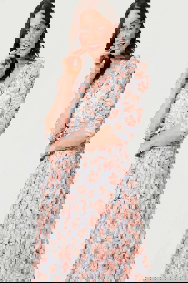 Orange | Floral 3/4 Sleeve Pleat Midi Wrap Dress