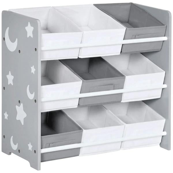 Kids storage rack with nine removable fabric baskets, grey and white, moon and star side panel