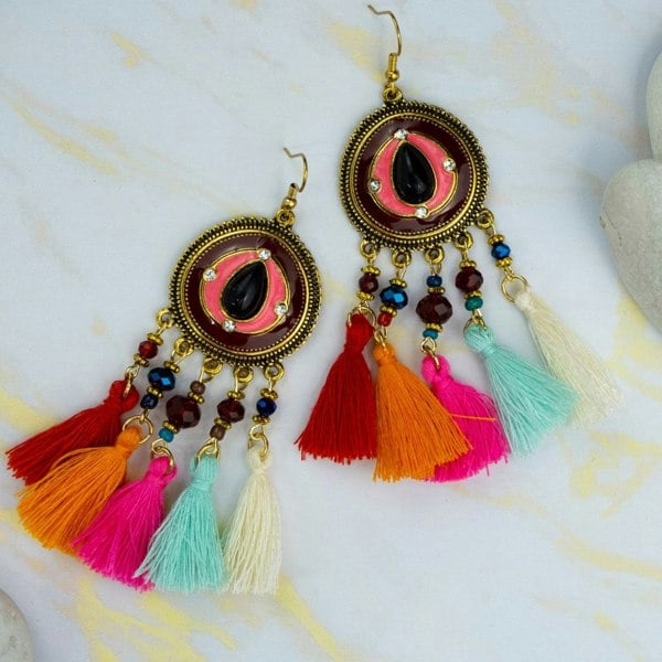 The Colourful Aura Long Round Enamel White Tassel Indian Boho Drop Ethnic Dangle Bridal Earring