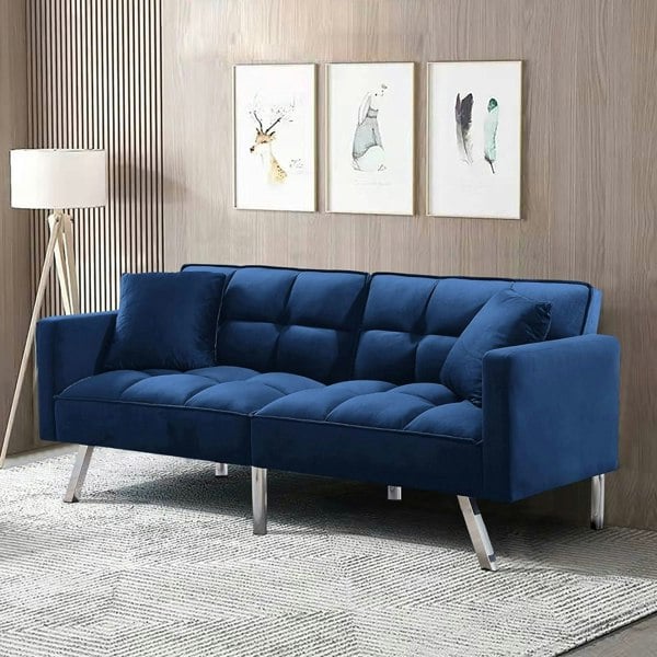 Kosy Koala Sofa Bed 2 Seater Blue Velvet Click Clack Sofa Settee Recliner Couch with Metal Legs 2 Pillows