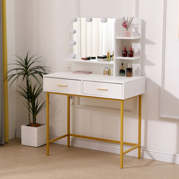 MMT Furniture Designs White Dressing Table Gold Legs Female Vanity Desk with LED Lights, Make Up Desk