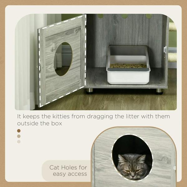 Grey enclosed cat litter box with side door opening and round cat access holes