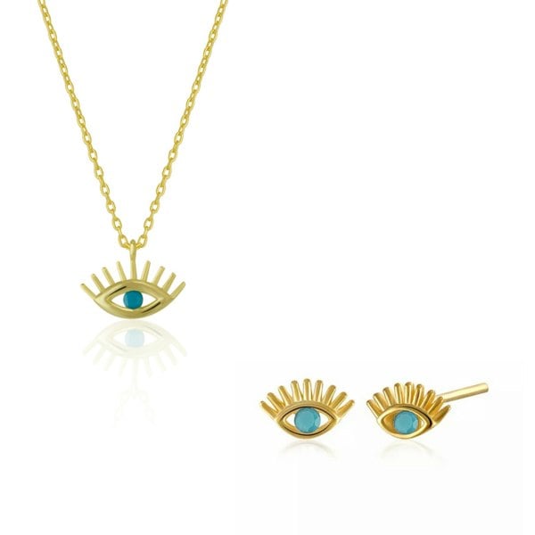 Spero London Turquoise Blue Eye Evil Eye Sterling Silver Necklace and Earrings Set