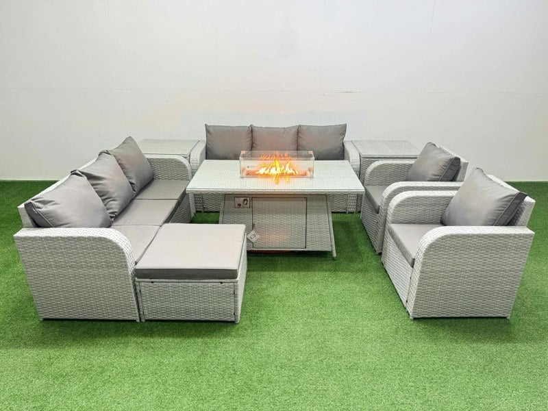 Fimous Rattan High Back Lounge Sofa Set Fire Pit Dining Table & Chairs Set with 3 Seater Sofa Reclining Chair Big Footstool 2 Side Table Light Grey