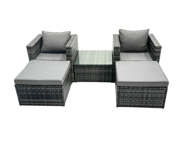 Fimous Outdoor Rattan Garden Furniture Set 4 Seater Patio Lounge Set with Armchair Square Coffee Table 2 Big Footstools Dark Grey Mixed