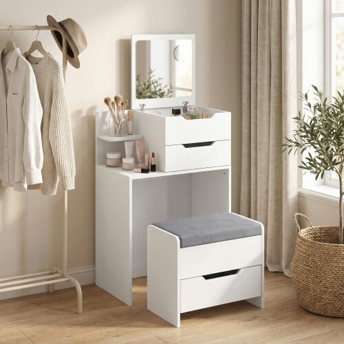 HOMCOM Vanity Desk Hidden Mirror Rolling Stool, White Wood Effect