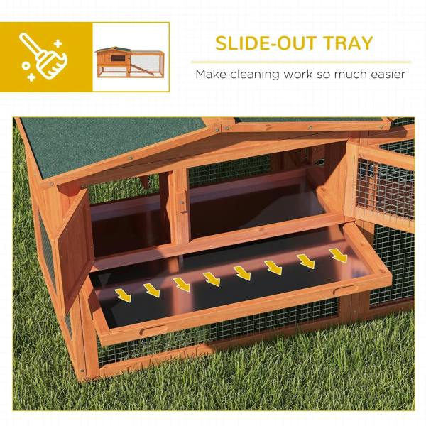Orange wooden rabbit hutch with slide-out tray and wire mesh lower enclosure