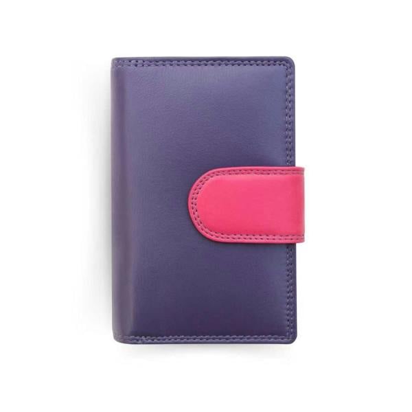 Front view of purple wallet with an pink strap against a white background