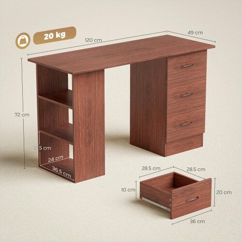 Wyld Haus Mimi 120cm Wooden Walnut Brown Home Office Desk With 3 Shelves And Drawer Storage