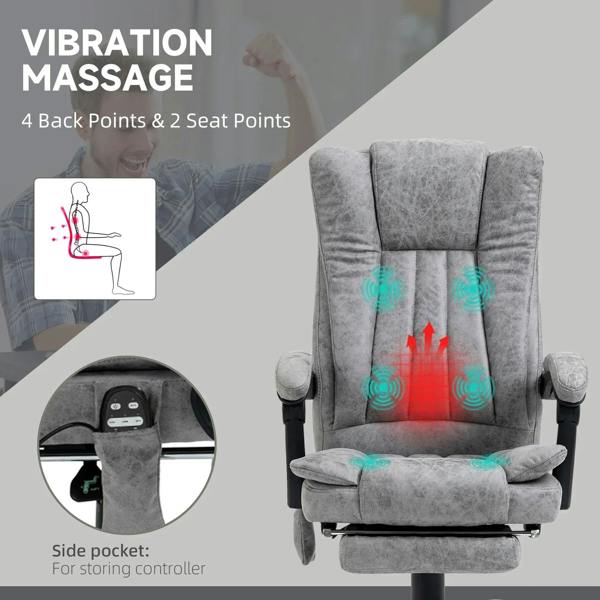 Grey reclining office chair with vibration massage points and side pocket for remote