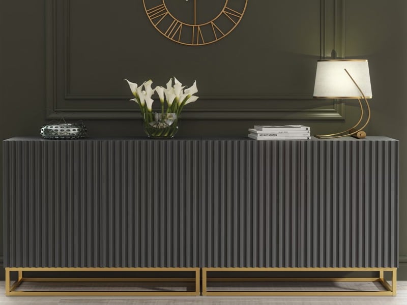 Mex Furniture Sophisticated Grey Sideboard with Fluted Fronts & Gold Legs – 200cm Storage Unit