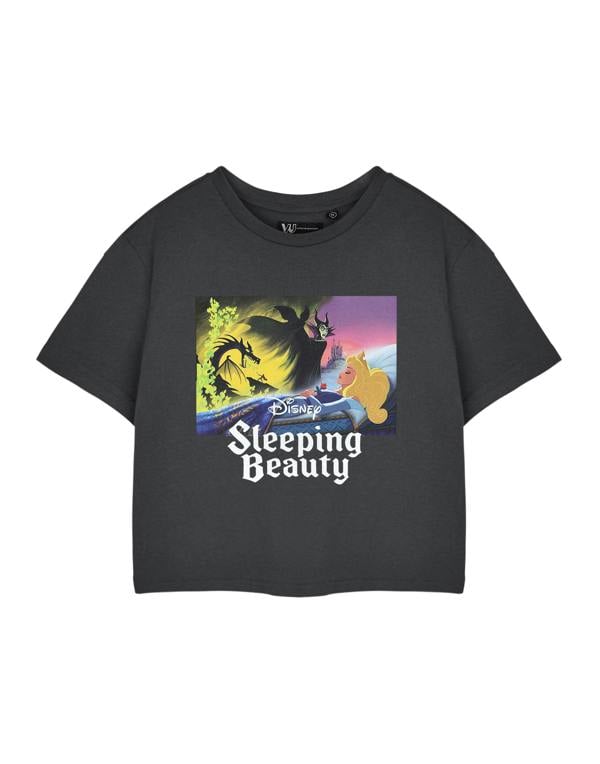 Disney Sleeping Beauty Womens Grey Aurora Cropped Short Sleeved T-Shirt