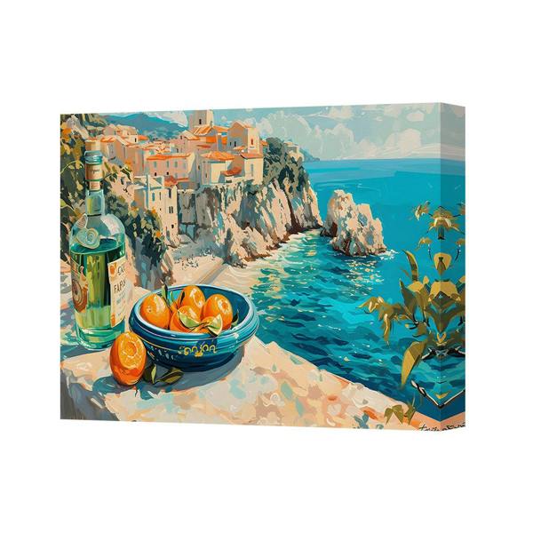Benjamin Tate Design Coastal Village Scene Canvas Wall Art With Orange Bowl Still Life