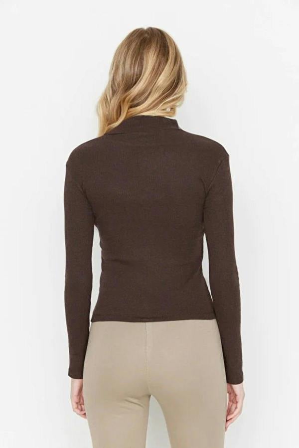 WOVCOR Fitted Stand Collar Long Sleeve Ribbed Knit Blouse