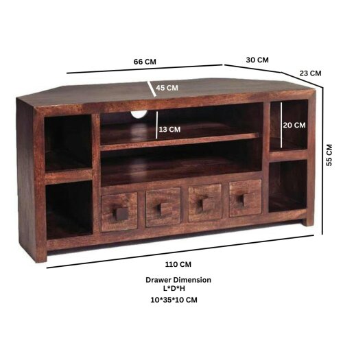 Wyld Haus Phuket Dark Mango Wood Corner TV Unit 4 Drawers 6 Shelves