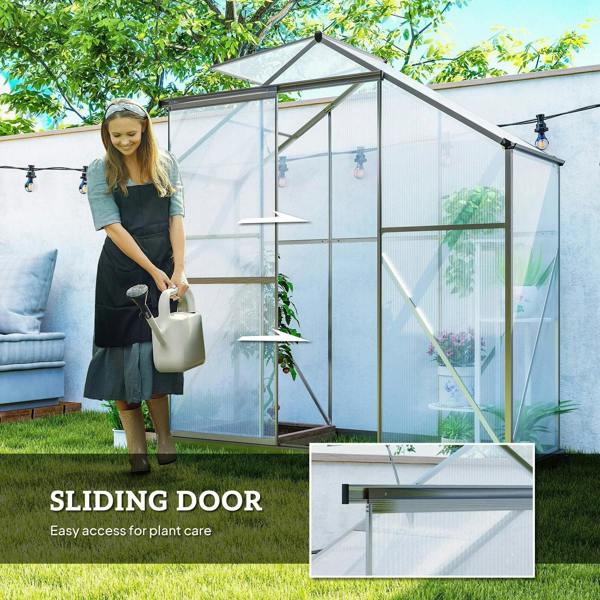 Dark grey polycarbonate walk-in greenhouse with sliding door for easy plant access