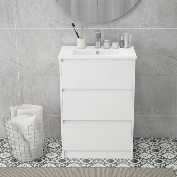 White floor-standing bathroom vanity with sink basin and two enclosed drawer spaces