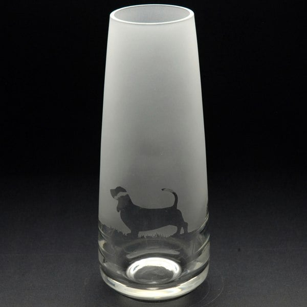 Glyptic Glass Art Basset Hound Dog Glass Bud Vase - Hand Etched/Engraved Gift