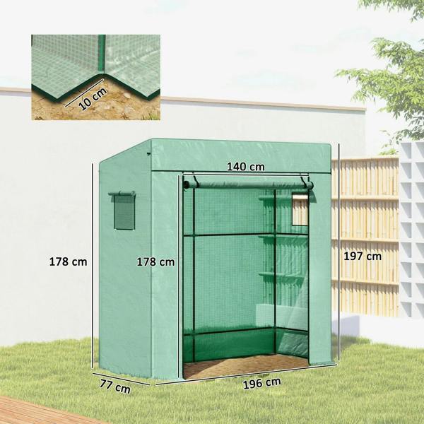 Green walk-in greenhouse with clear mesh side panels and open entrance