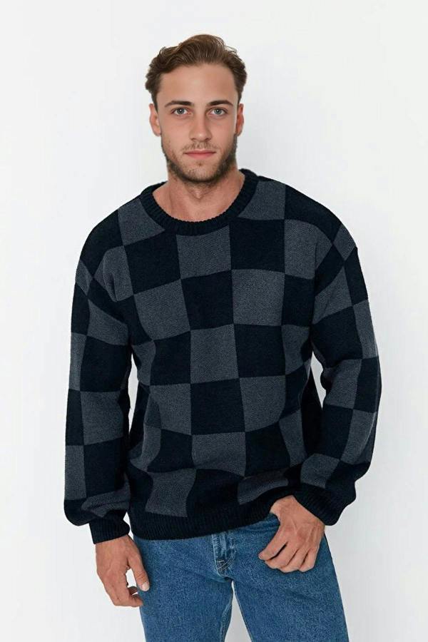 WOVCOR Crew Neck Checked Knit Men's Sweater