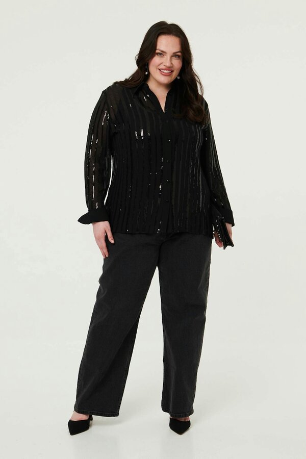 Izabel London Curve Sequin Striped Long Sleeve Shirt