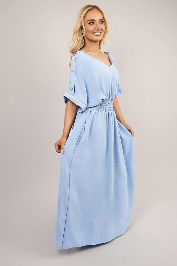 Zamara V Neck Short Sleeve Maxi Dress With Button Detail - Sky Blue