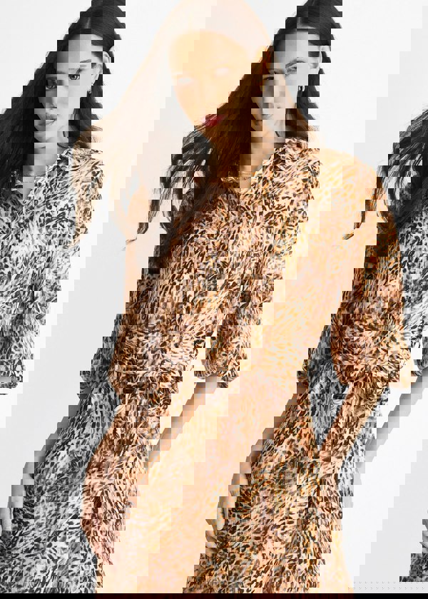 Gini London Brown Animal Printed Shirt Midi Dress