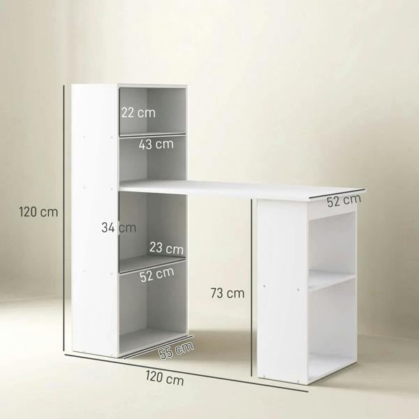 White desk with attached shelving unit showing size dimensions