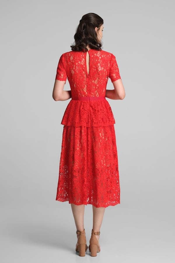 Rumour London Lucia lace midi dress with peplum in scarlet