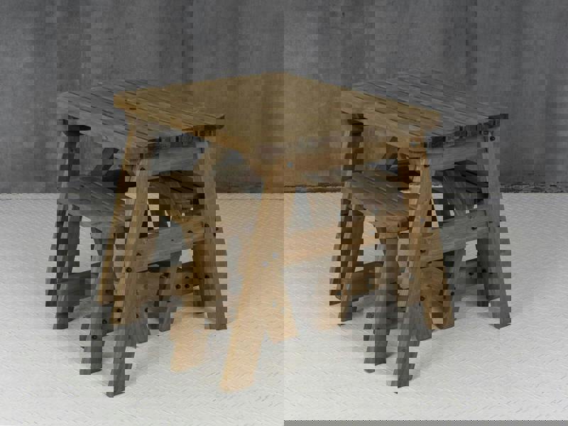 Victoria Space-Saving Rounded Picnic Table and Benches Set – Rustic Finish Wooden Outdoor Dining Set for Gardens and Patios