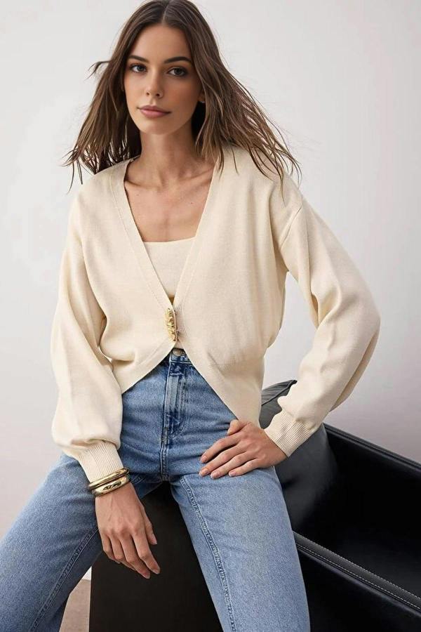 WOVCOR 2-Piece Knit Cardigan-Blouse Set with Button Detail