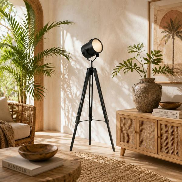 Wyld Haus Suta Wood And Metal Black Tripod Searchlight Floor Lamp Adjustable Head