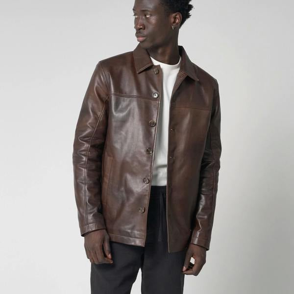 Men's Brown Leather Reefer Jacket