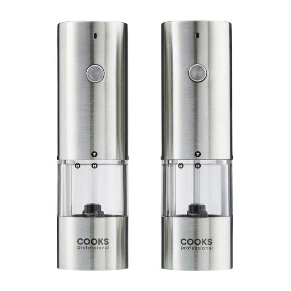 Cooks Professional Rechargeable Salt and Pepper Mill Set with Bamboo Base | Silver