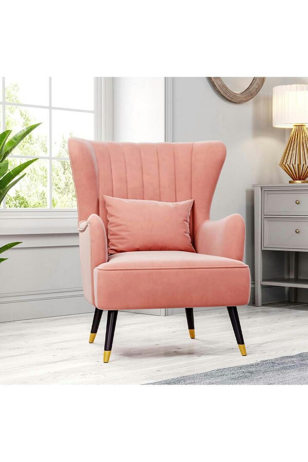 Living and Home Pink Velvet Stripe Curved Wing Back Armchair with Pillow