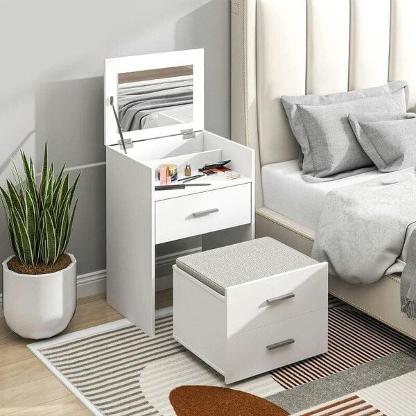 Vanity Desk with Mirror, Modern Dressing Table and Stool w/2 Drawers, Wheels, Flip-Up Mirror, Shelf, White - White
