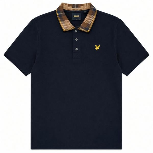 Navy Lyle & Scott tartan collar polo shirt with a brown check collar, three-button placket and gold eagle embroidery.
