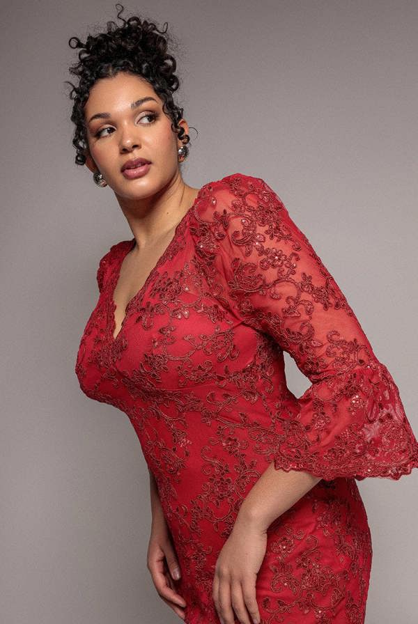 Goddiva Plus Scallop Lace Midi Dress- Red by Goddiva Plus