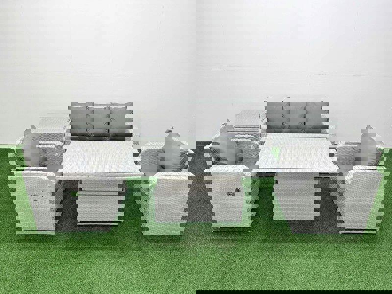 Fimous PE Rattan Garden Furniture Set Reclining Chair Sofa Lounge Sofa Set Adjustable Lifting Dining or Coffee Table Side Table Light Grey