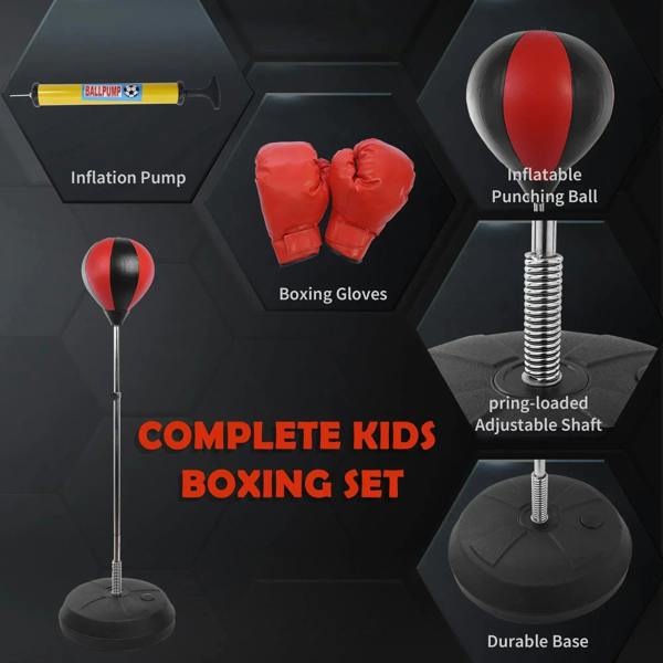 Complete kids boxing set with inflatable punching ball, gloves, and adjustable stand