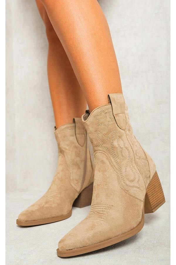 Laura Suede Cowboy Ankle Length Boots - Khaki