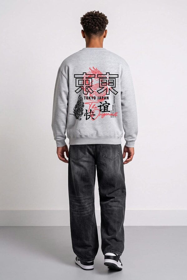 London Attitude Oversized Tokyo Dragon & Tiger Sweatshirt in Heather Grey