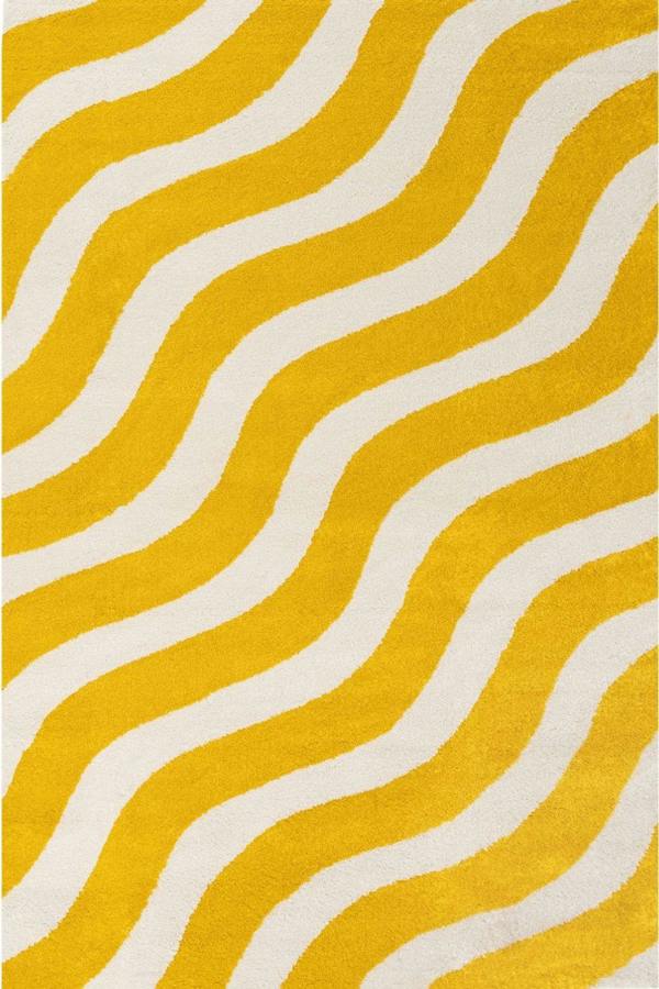 Patterned fabric with wavy yellow and white lines
