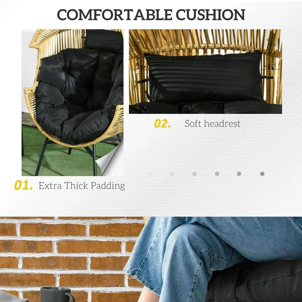 Thick black egg chair cushion with padded headrest and soft tufted padding