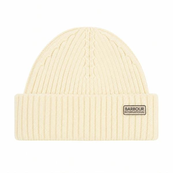 Chalk white Barbour International Dufton fisherman beanie in a chunky ribbed knit with a branded logo patch on the cuff.