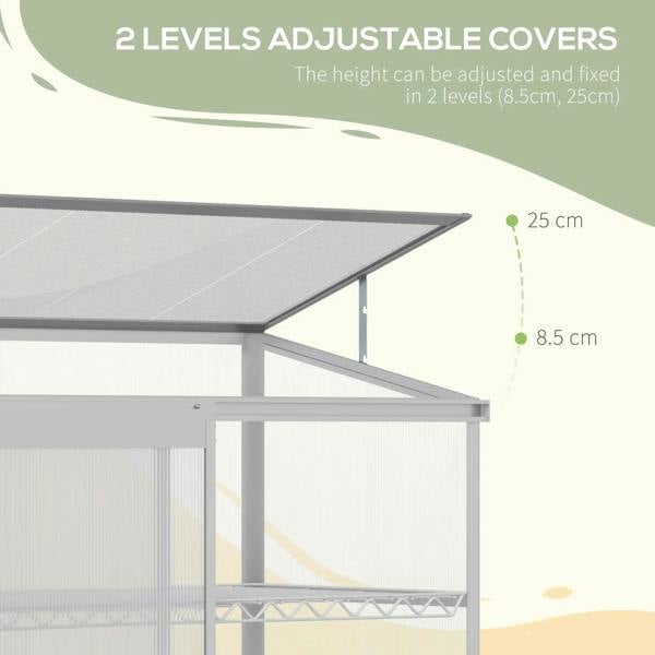 Silver greenhouse cold frame with adjustable roof cover over transparent polycarbonate panels