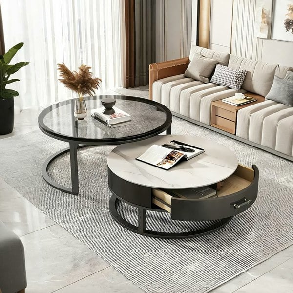 Kev Nesting Coffee Table With Ottoman, Glass-Ritconcept-Rit Concept
