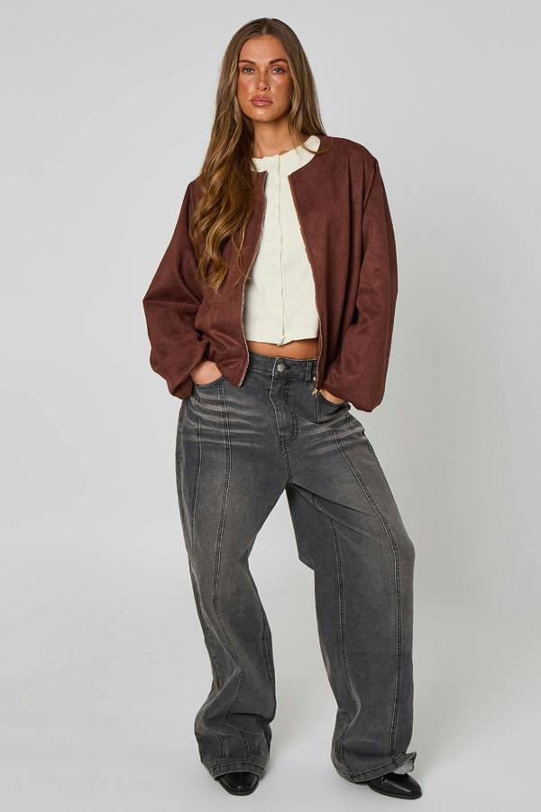Urban Bliss Chocolate Faux Suede Bubble Hem Jacket