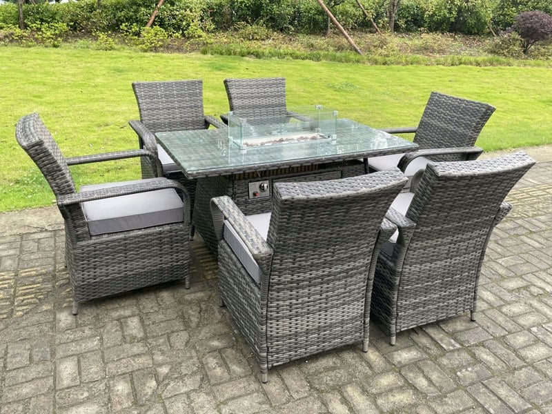Fimous Rattan Garden Furniture Gas Fire Pit Rectangle Round Dining Table And Dining Chairs 6 Seater + Rectangular Table